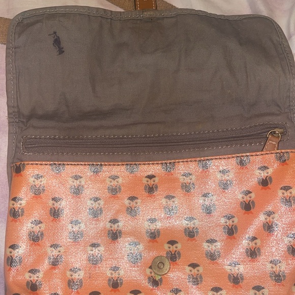Fossil Keyper Mini Blue Owl Coated Canvas Leather Trim Crossbody Bag Purse Coral - Picture 3 of 4